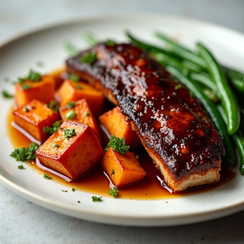 Smoked Pork Ribs with Tangy Glaze, Roasted Sweet Potatoes, and Crispy Green Beans
