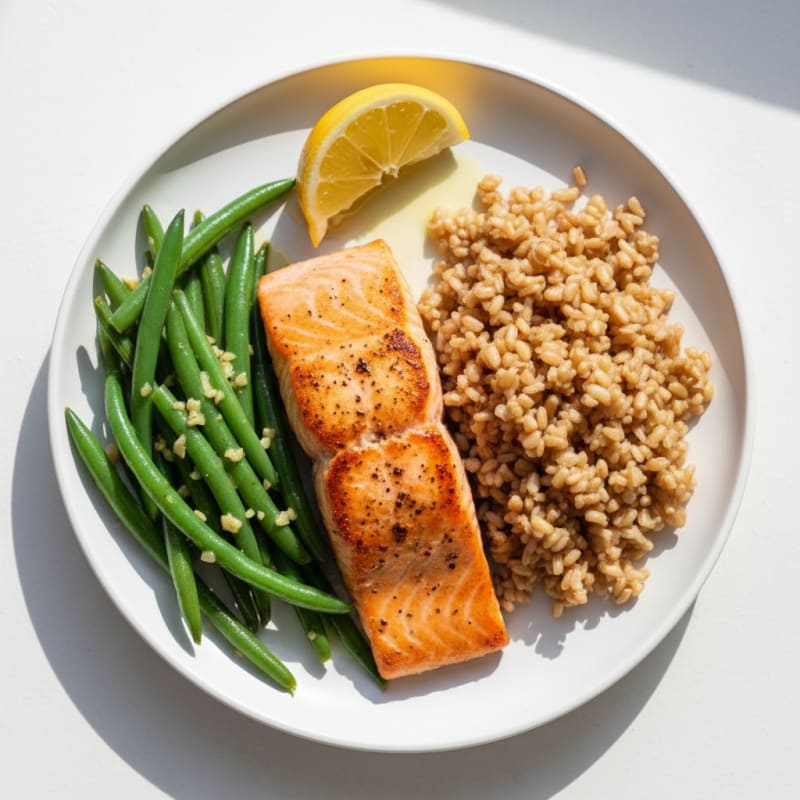 Seared Salmon with Garlic Green Beans and Brown Rice