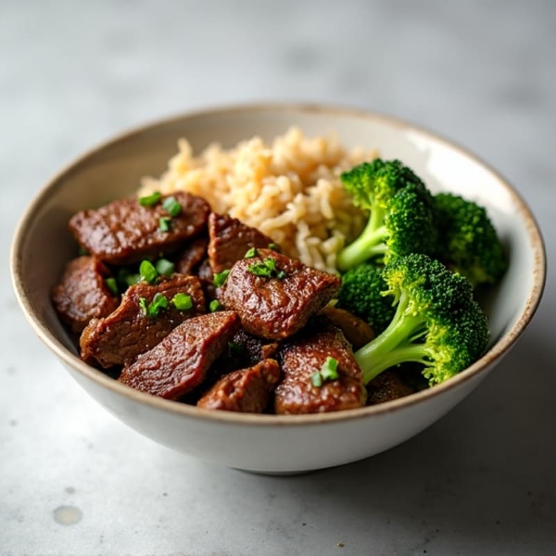 Savory Beef and Crispy Broccoli Brown Rice Bowl