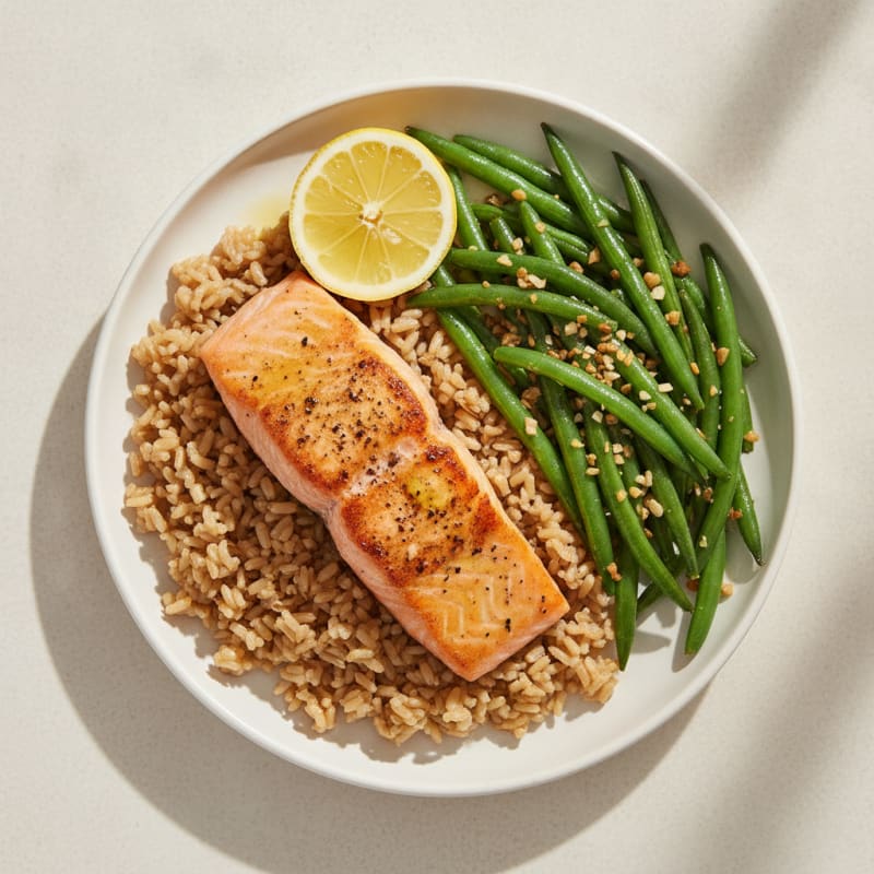 Seared Salmon Filet with Garlic Green Beans and Brown Rice