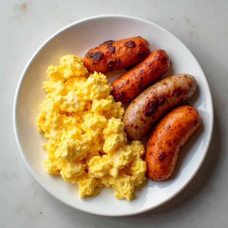 Hearty Scrambled Eggs with Roasted Sweet Potatoes and Chicken Sausage