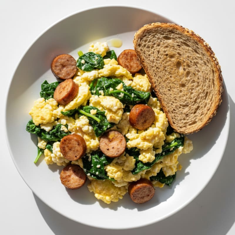 Cottage Cheese Egg Scramble with Spinach and Chicken Sausage