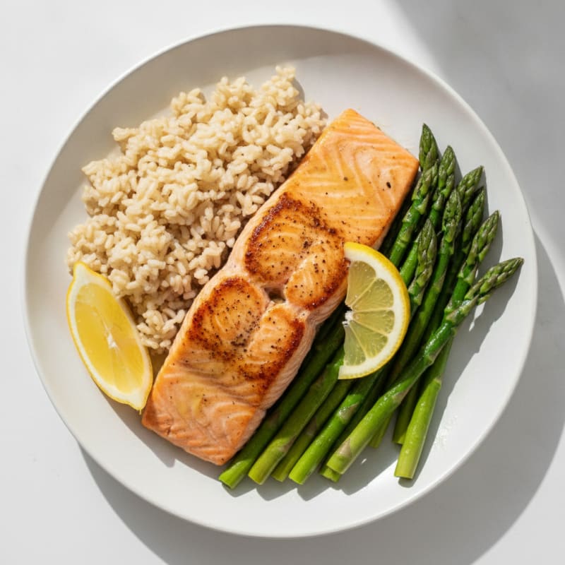 Seared Salmon Fillet with Steamed Asparagus and Brown Rice