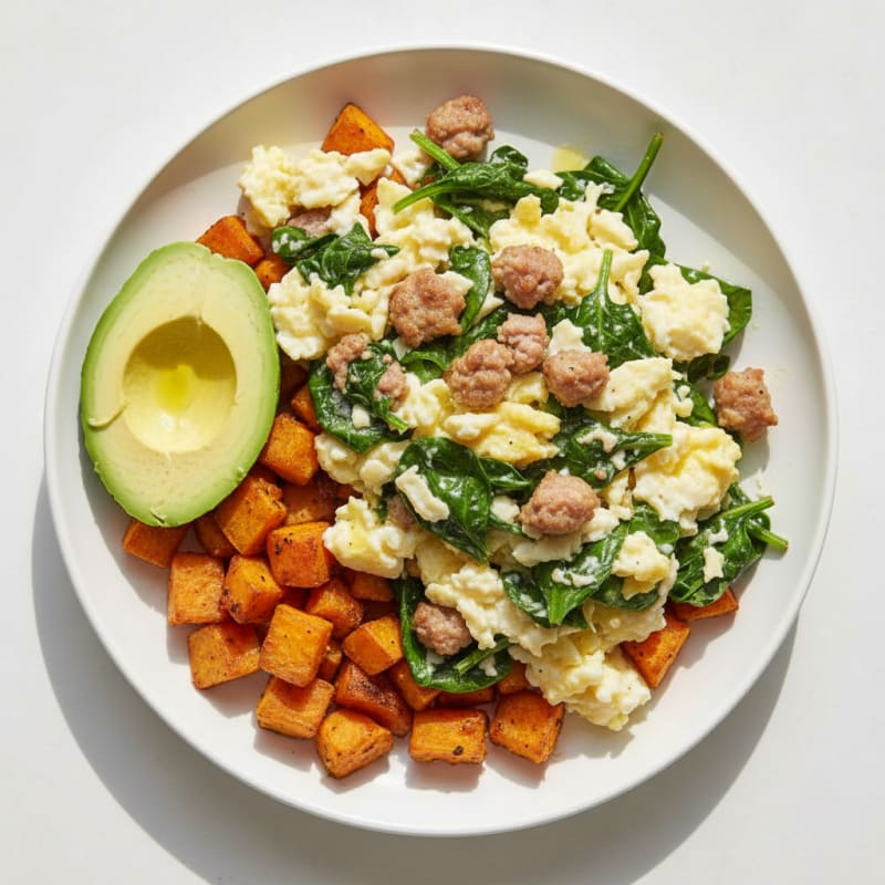 Scrambled Egg Whites with Turkey Sausage and Sautéed Spinach