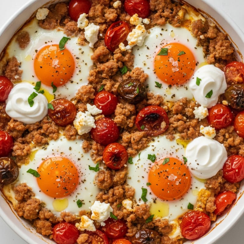 Baked Eggs with Roasted Tomatoes and Savory Turkey