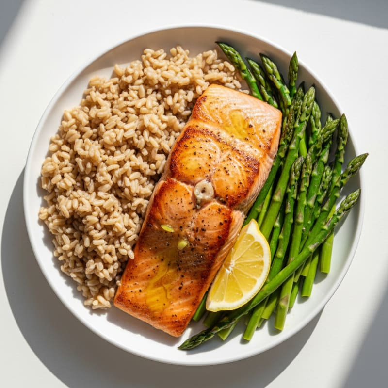 Pan-Seared Salmon with Steamed Asparagus and Brown Rice