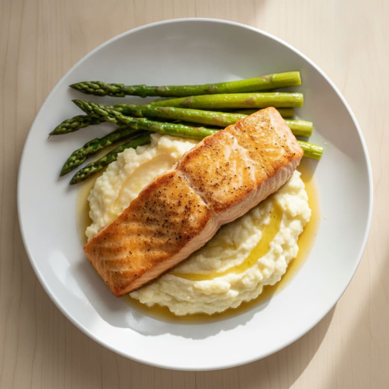 Seared Salmon with Steamed Asparagus and Garlic Mashed Cauliflower