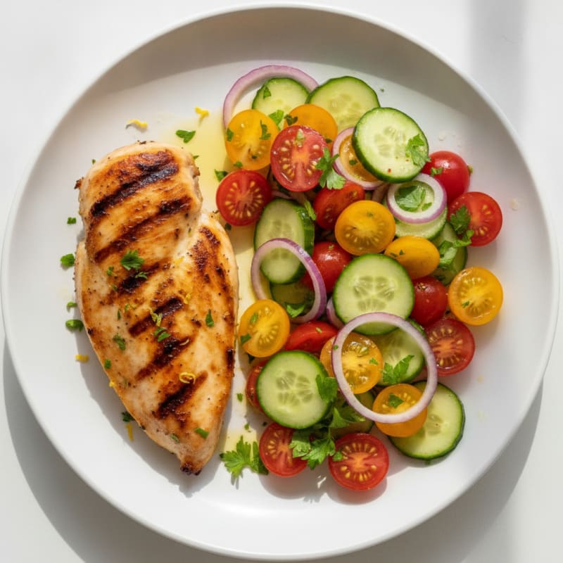 Grilled Chicken Breast with Crisp Cucumber Tomato Salad