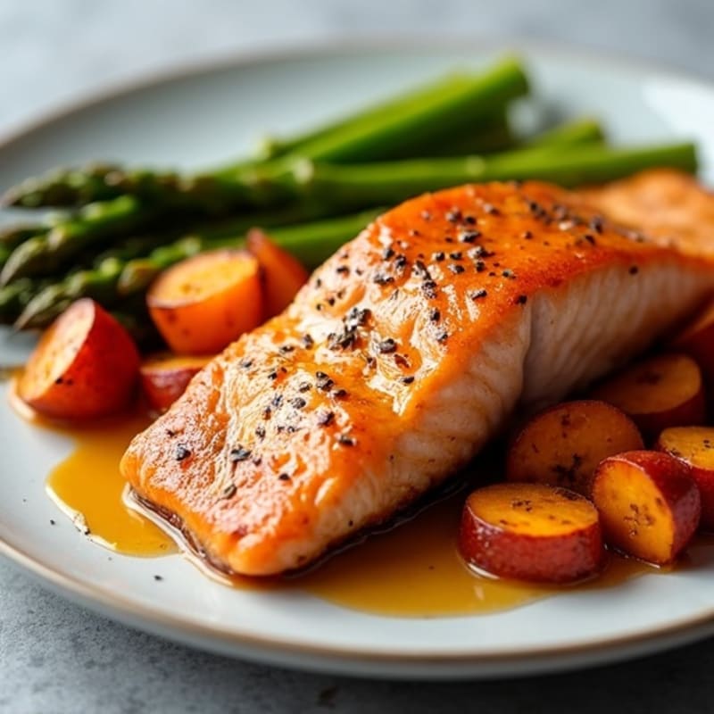 Maple Glazed Salmon with Roasted Sweet Potatoes and Asparagus