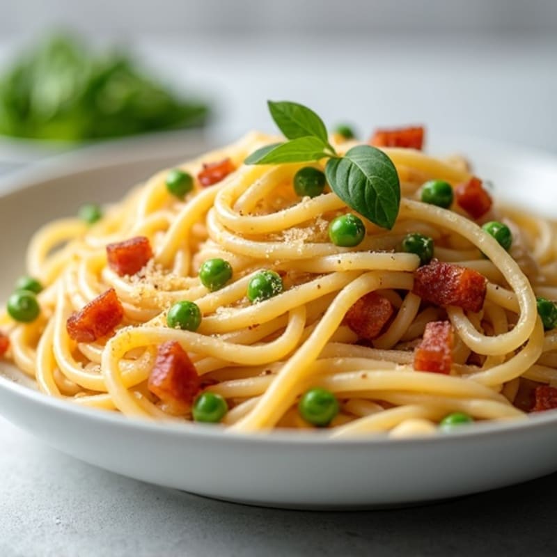 Creamy Whole Wheat Carbonara with Crispy Turkey Bacon and Peas