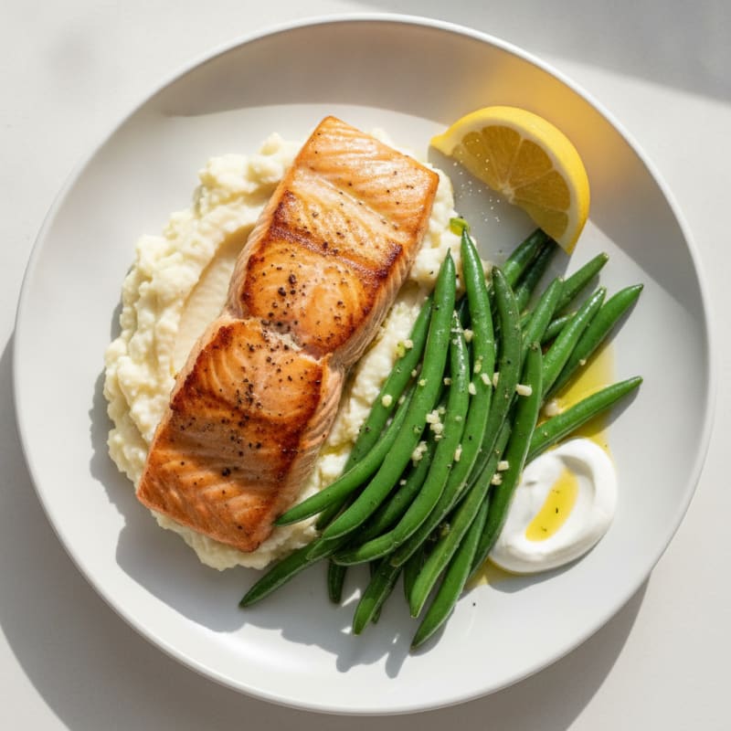 Seared Salmon with Garlic Green Beans and Cauliflower Mash
