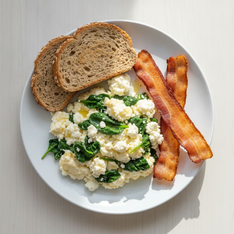 Egg White and Spinach Scramble with Cottage Cheese and Turkey Bacon