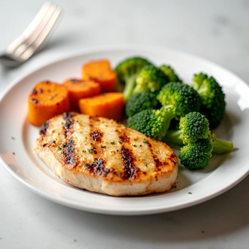 Grilled Chicken Breast with Roasted Sweet Potato and Steamed Broccoli