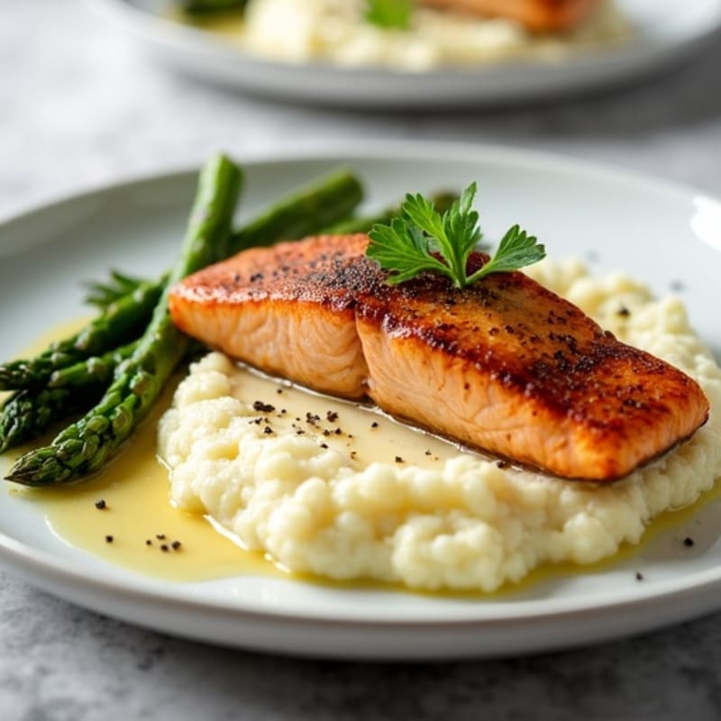 Seared Salmon with Steamed Asparagus and Garlic Cauliflower Mash