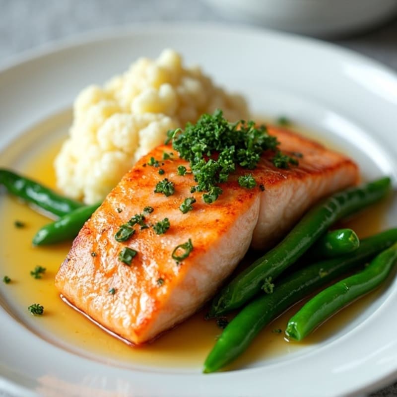 Seared Salmon with Garlic Green Beans and Cauliflower Mash