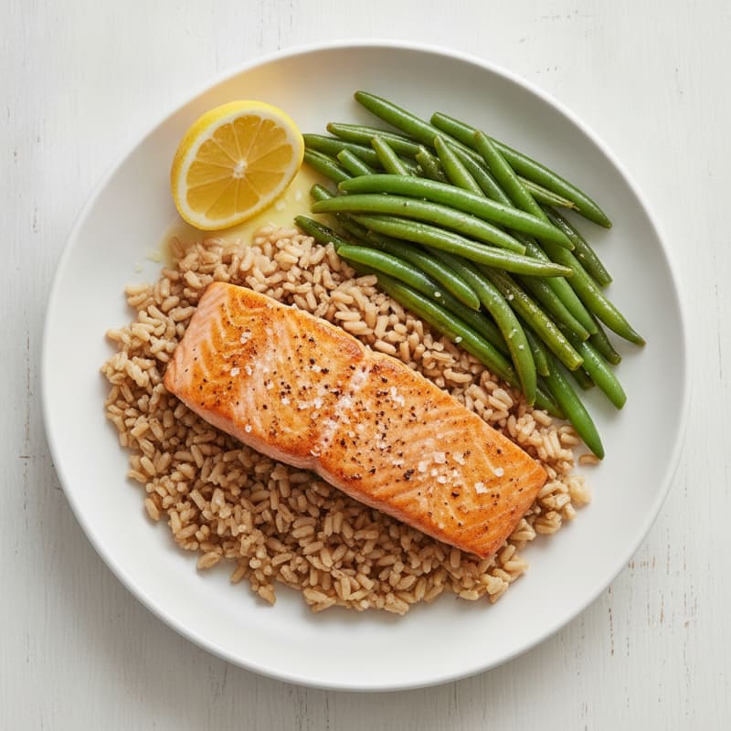 Seared Salmon Fillet with Steamed Green Beans and Brown Rice