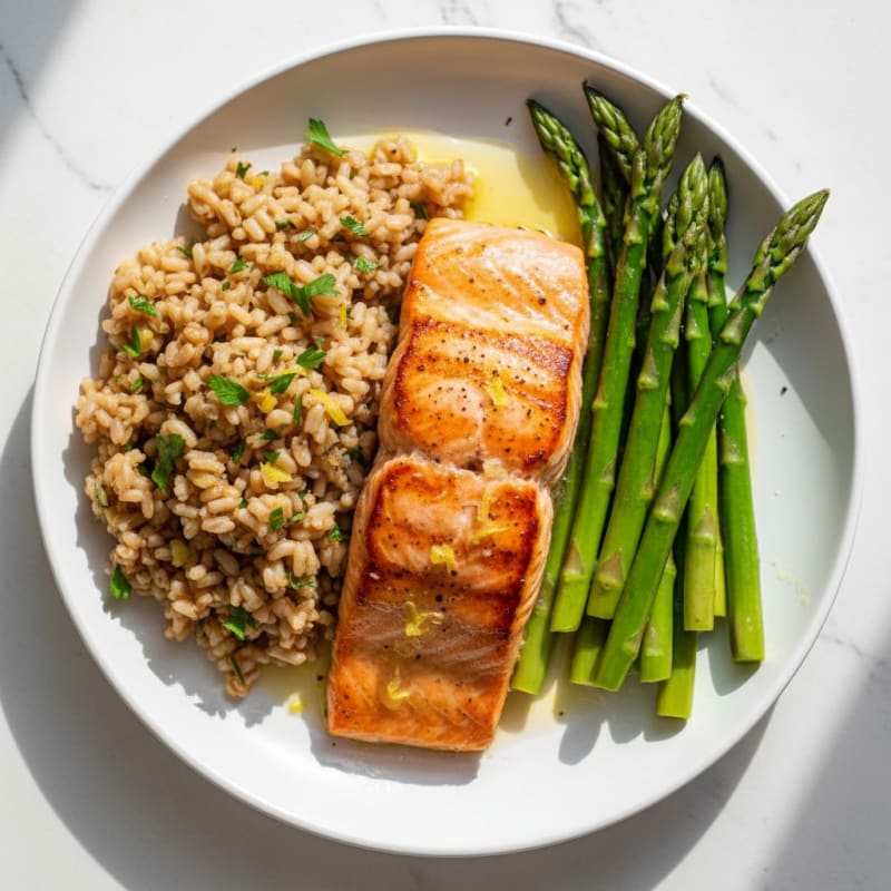 Seared Salmon with Steamed Asparagus and Lemon-Herb Brown Rice