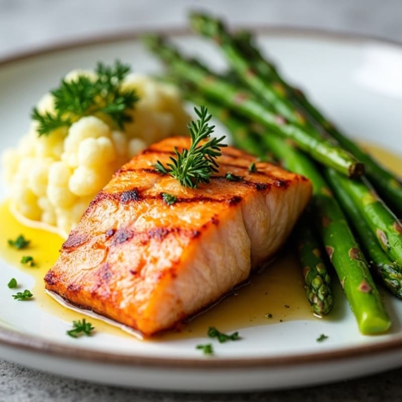 Seared Salmon with Steamed Asparagus and Cauliflower Mash