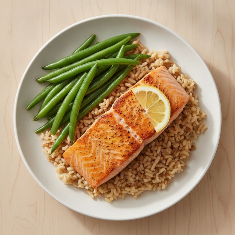 Seared Salmon with Steamed Green Beans and Brown Rice