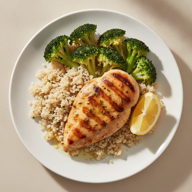 Grilled Chicken Breast with Steamed Broccoli and Quinoa