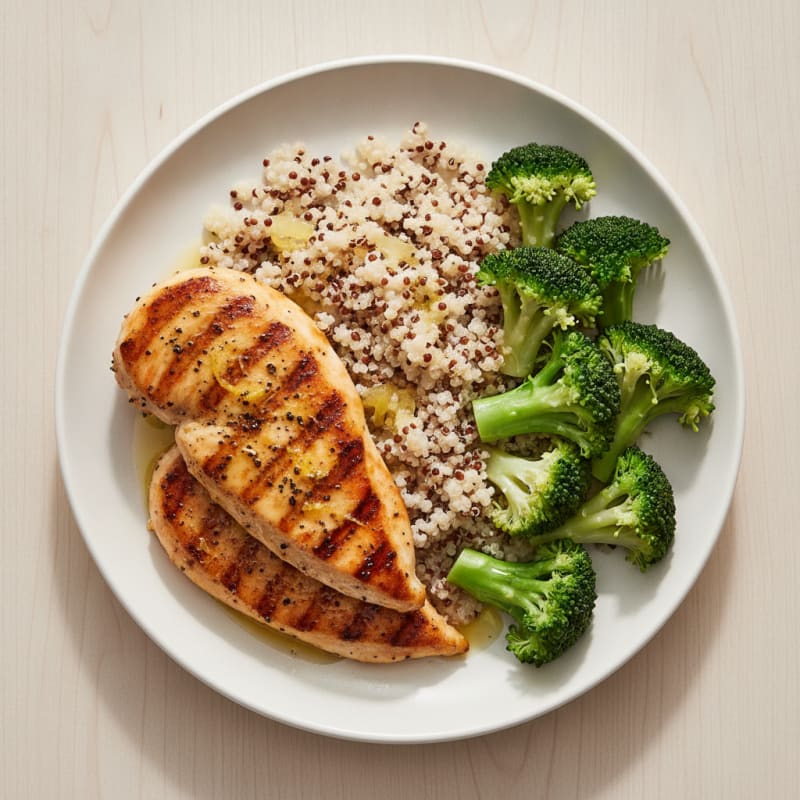Grilled Lemon Pepper Chicken Breast with Quinoa and Steamed Broccoli