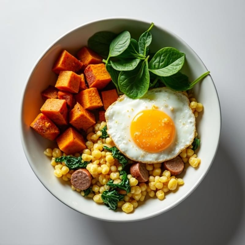 Egg White and Turkey Sausage Scramble with Spinach and Roasted Sweet Potato