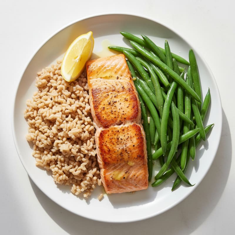 Seared Salmon with Steamed Green Beans and Brown Rice