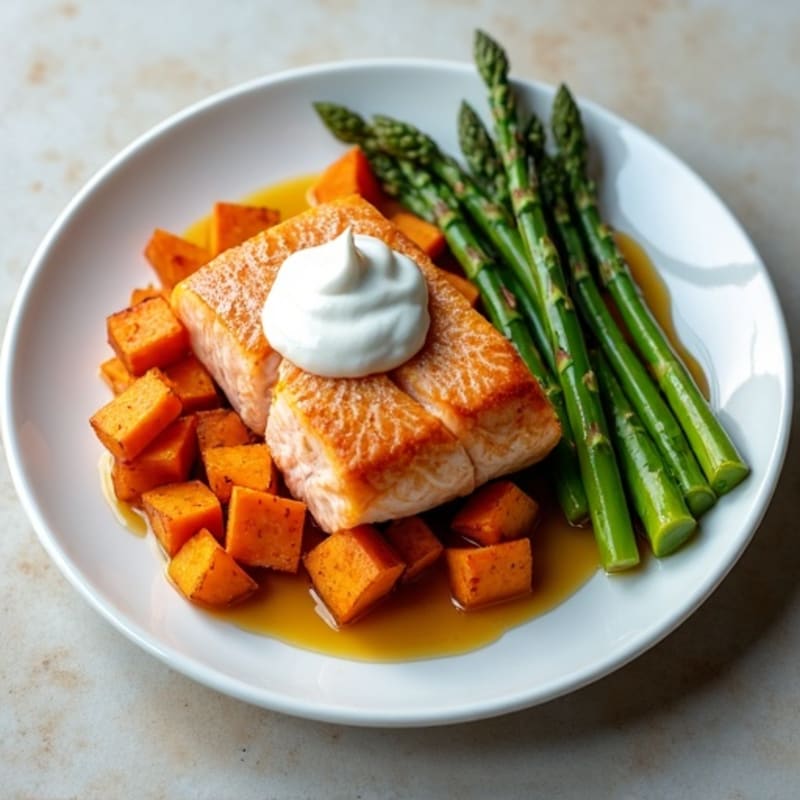 Seared Salmon with Roasted Sweet Potatoes and Asparagus