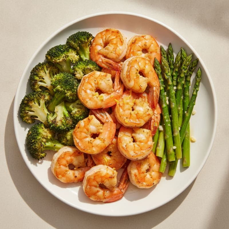 Seared Shrimp with Roasted Broccoli and Garlic Asparagus