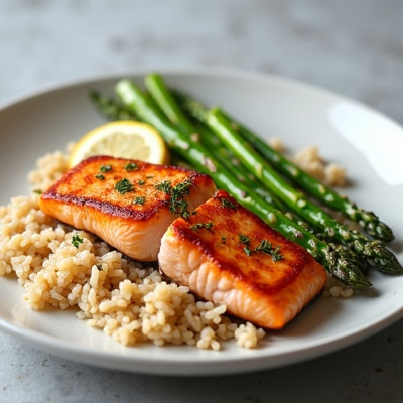 Seared Salmon with Steamed Asparagus and Brown Rice