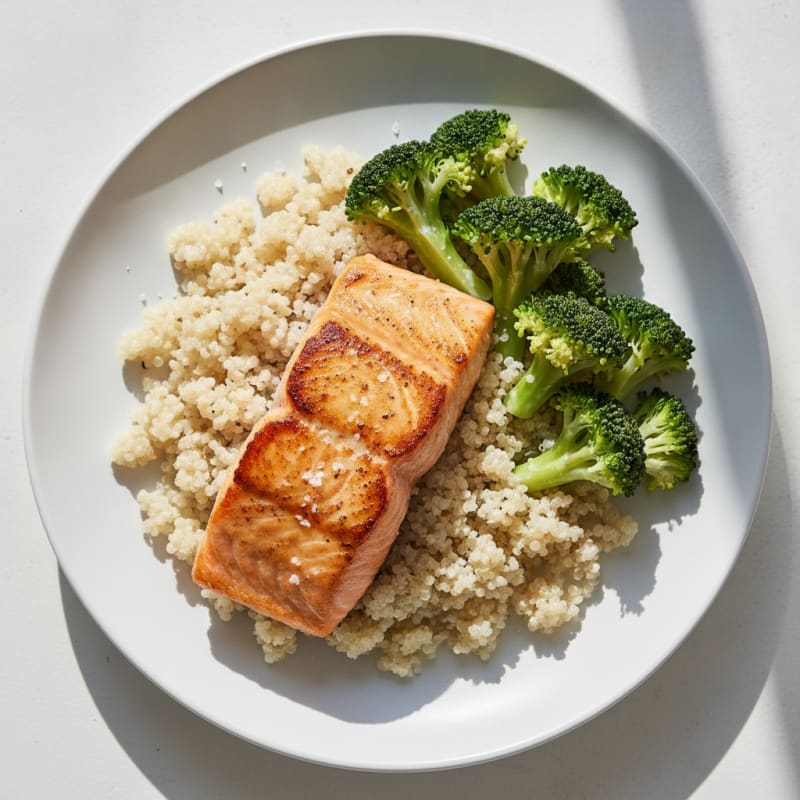 Seared Salmon Fillet with Steamed Broccoli and Quinoa