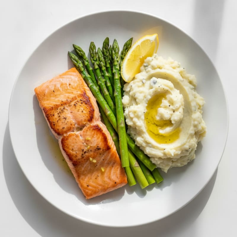 Seared Salmon with Steamed Asparagus and Garlic Mashed Potatoes