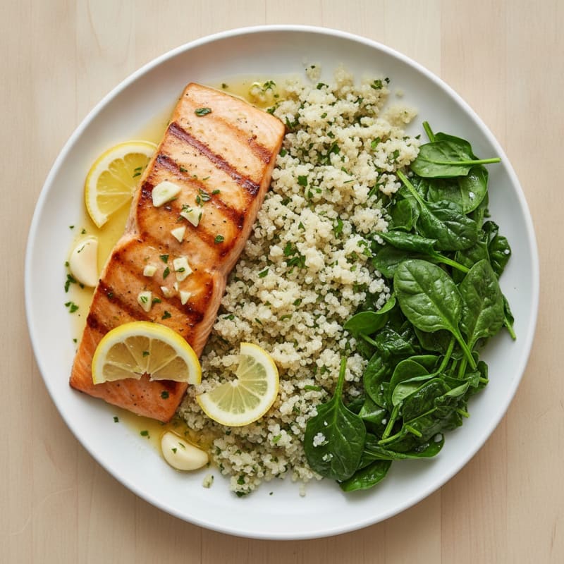 Grilled Lemon Herb Salmon with Quinoa and Spinach