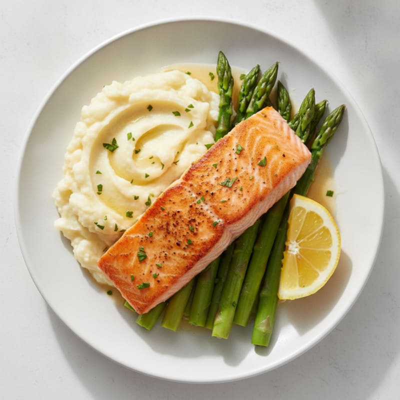 Seared Salmon with Steamed Asparagus and Garlic Mashed Cauliflower