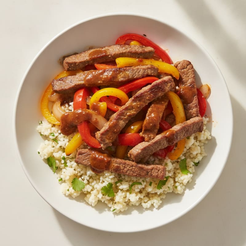 Seared Lean Steak with Sautéed Peppers and Cauliflower Rice