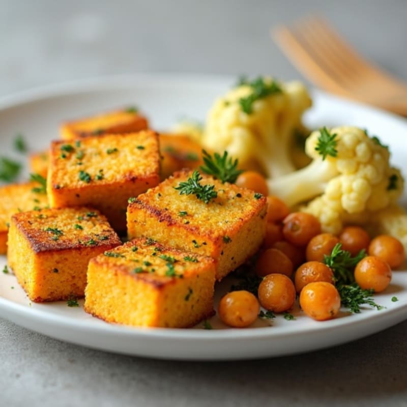 Crispy Baked Tofu with Herb-Roasted Cauliflower and Chickpeas
