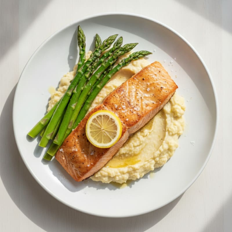 Seared Salmon Filet with Steamed Asparagus and Cauliflower Mash