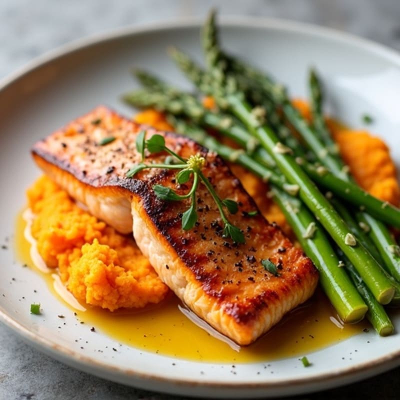 Seared Salmon with Roasted Asparagus and Sweet Potato Mash