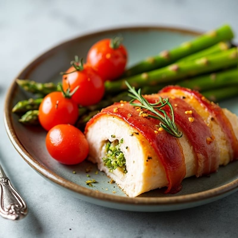 Crispy Jamon Serrano Wrapped Chicken with Herb-Roasted Asparagus and Cherry Tomatoes