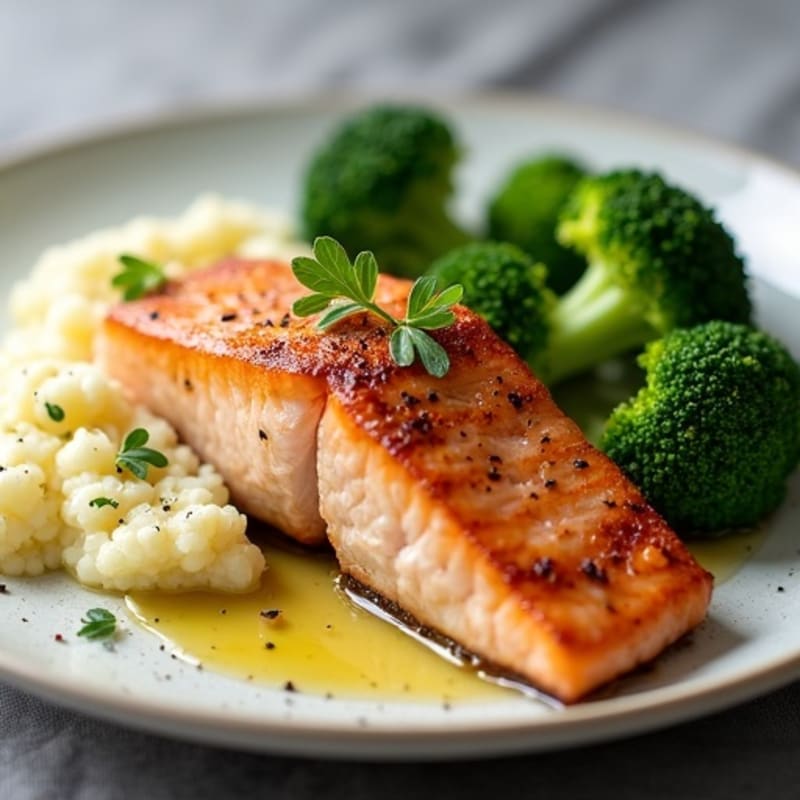 Seared Salmon with Steamed Broccoli and Garlic Mashed Cauliflower