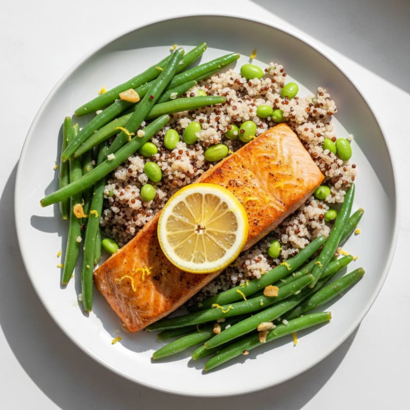 Seared Salmon Fillet with Lemon Garlic Green Beans and Quinoa