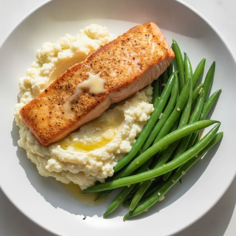 Seared Salmon with Steamed Green Beans and Garlic Mashed Cauliflower