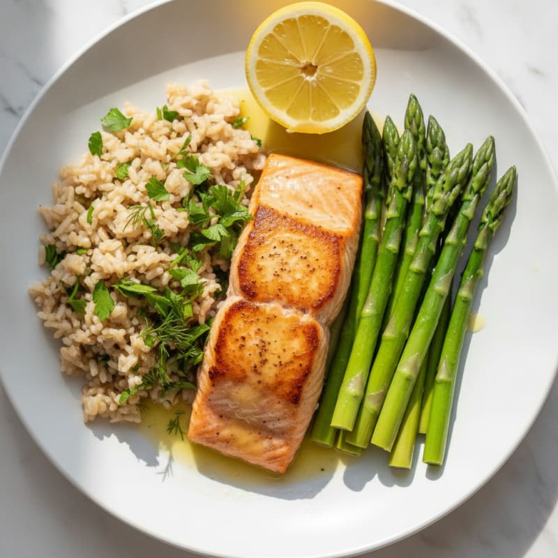 Seared Salmon with Steamed Asparagus and Herbed Brown Rice