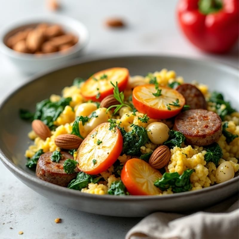 Egg White Scramble with Chicken Sausage and Spinach