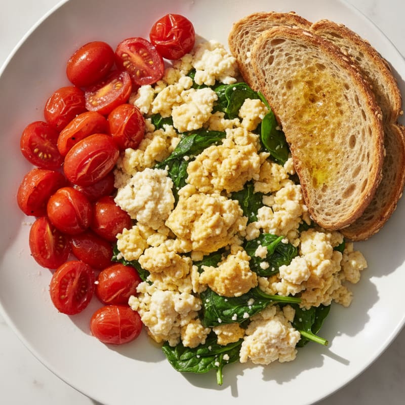 Cottage Cheese Scramble with Sautéed Spinach and Cherry Tomatoes