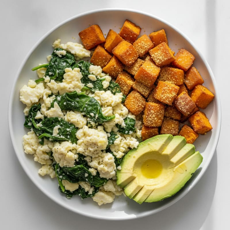 Egg White and Spinach Scramble with Roasted Sweet Potatoes and Sliced Avocado