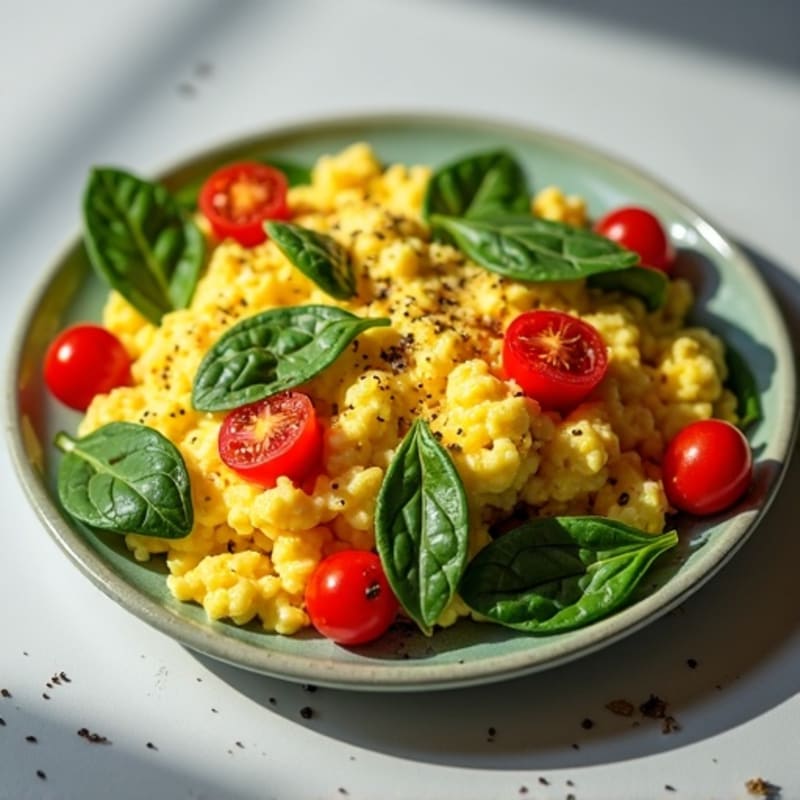 Fluffy Scrambled Eggs with Fresh Spinach and Cherry Tomatoes