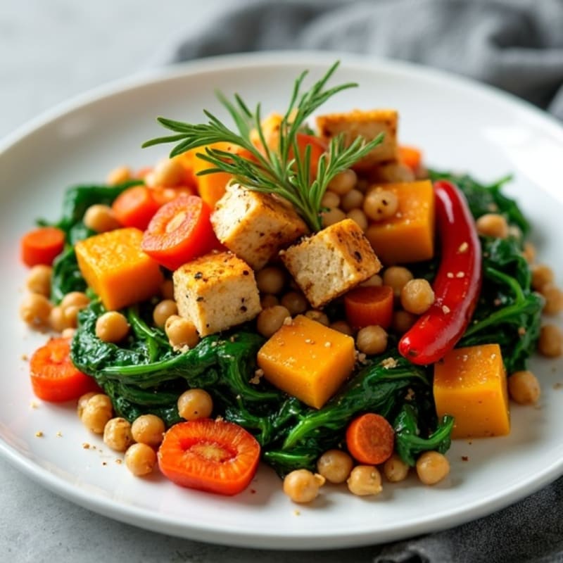 Herb-Roasted Butternut Squash and Carrots with Spinach, Bell Pepper, Tofu, and Chickpeas