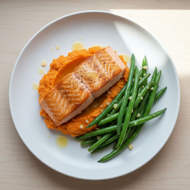 Seared Salmon with Garlic Green Beans and Sweet Potato Mash