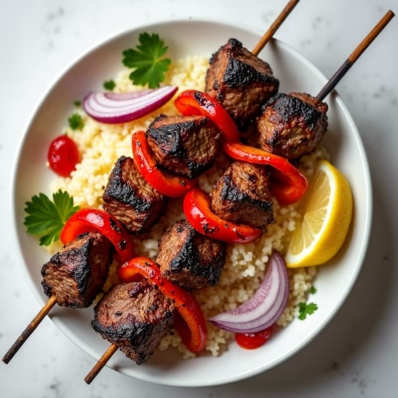 Grilled Lean Beef Kebabs with Roasted Bell Peppers and Cauliflower Rice